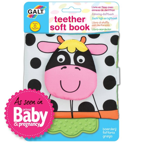 Galt Teether Soft Book, Farm Large galt toys fun junction toy shop perth crieff perthshire scotland early years baby toddler soft teether and book farm animals cloth fabric cow teething ring