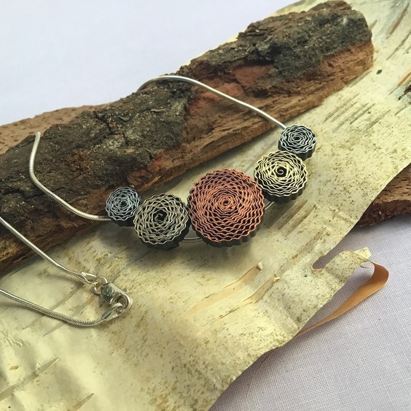 Silver, gold and copper curved cluster disc necklace - PR4 Large pr4